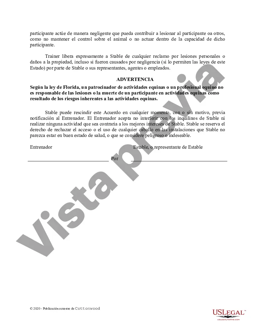 Preview Acuerdo de uso de las instalaciones del entrenador - Formularios equinos de caballos
