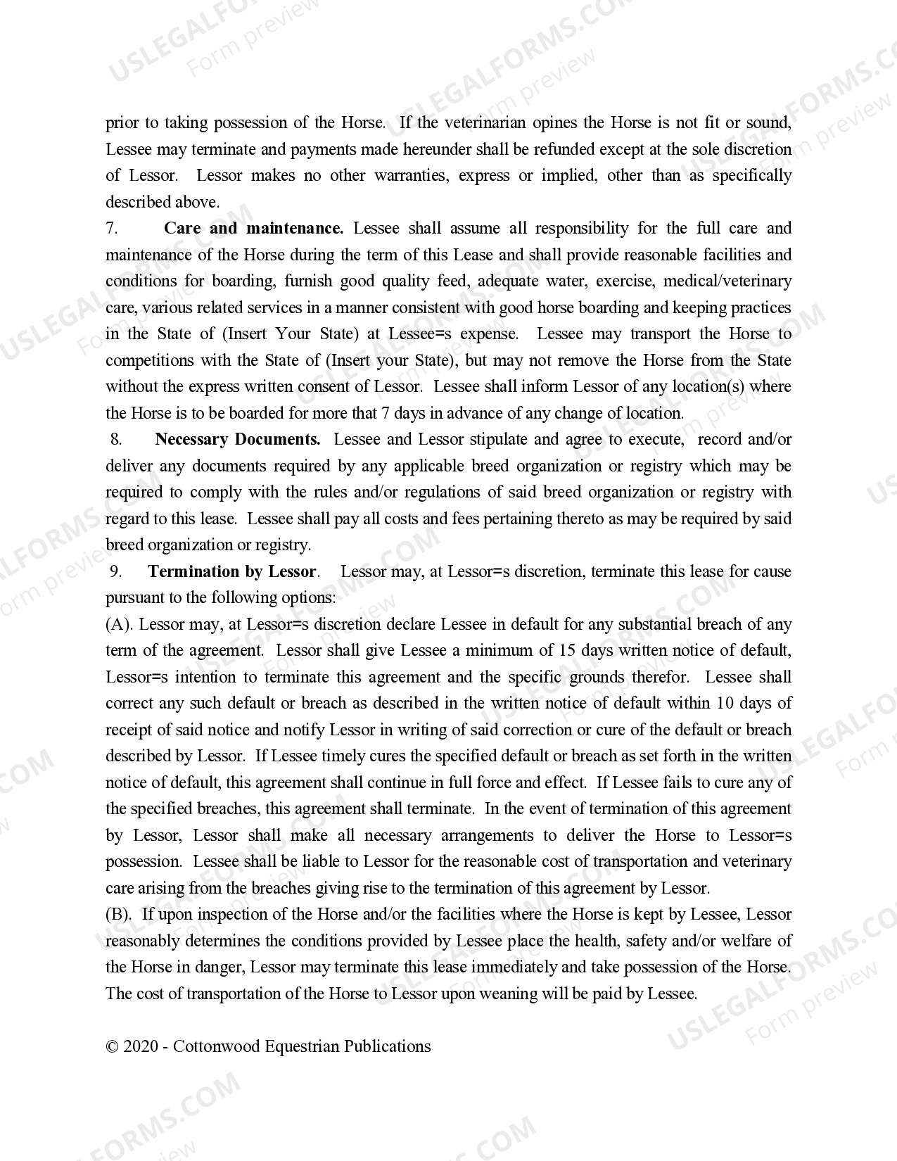 Florida Performance Horse Lease Agreement - Horse Lease | US Legal Forms