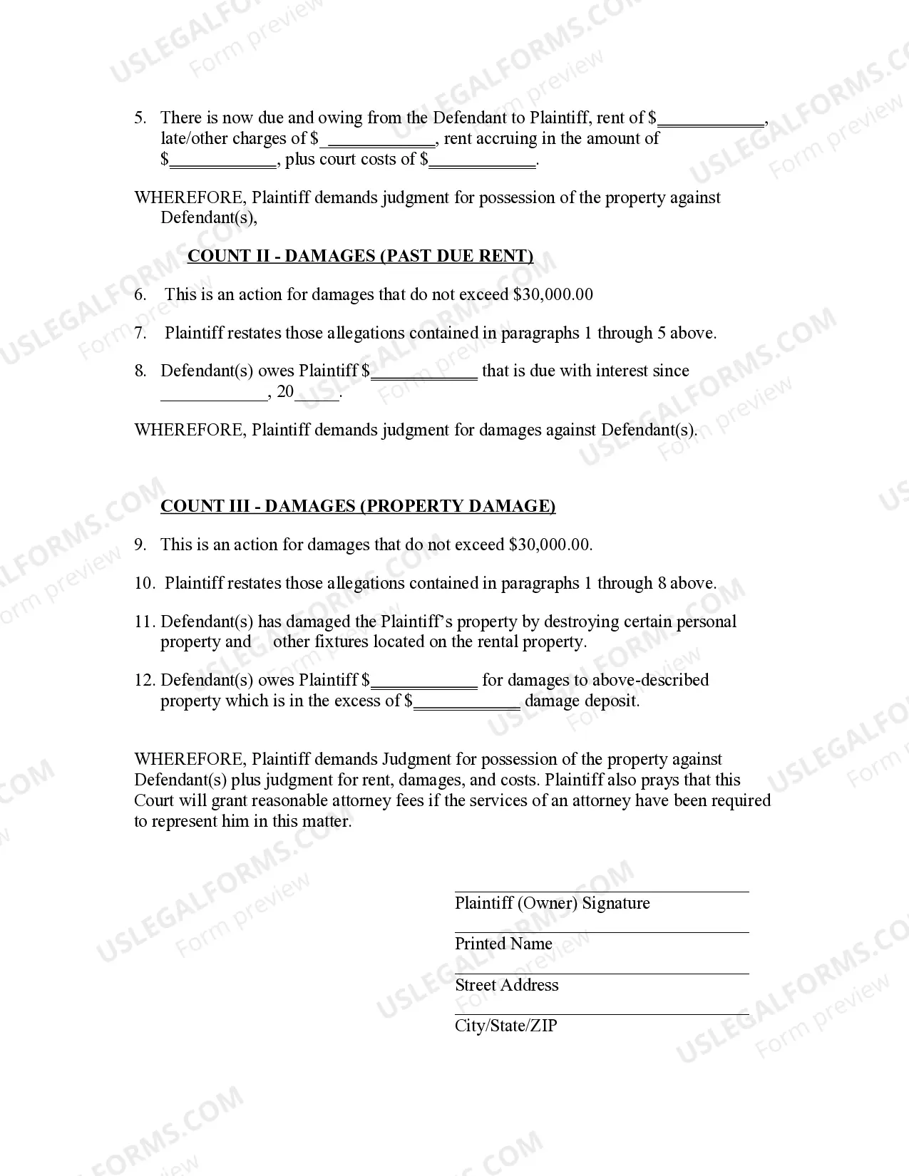 Preview Complaint for Eviction and Damages other than nonpayment of rent