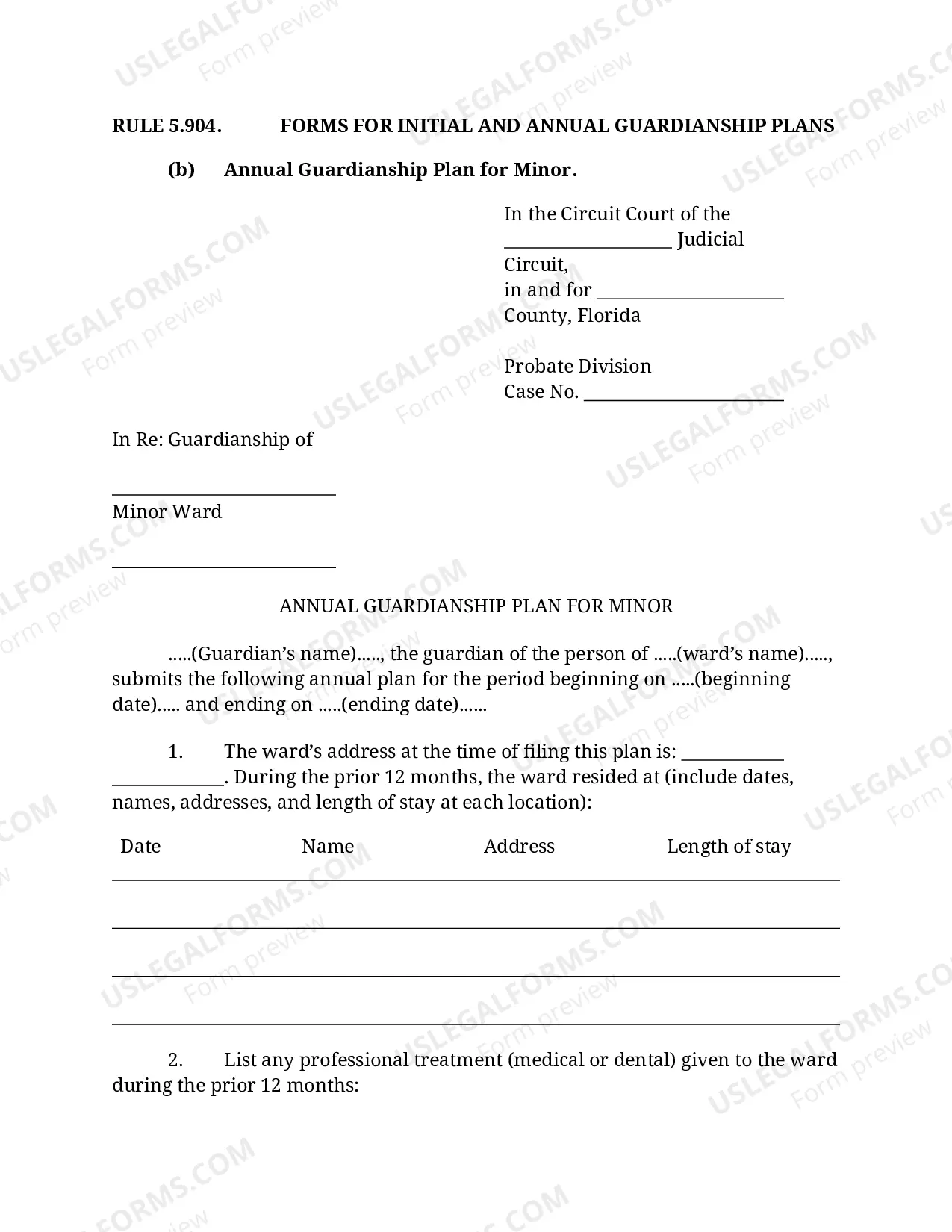 Preview Annual Guardianship Plan for Minor