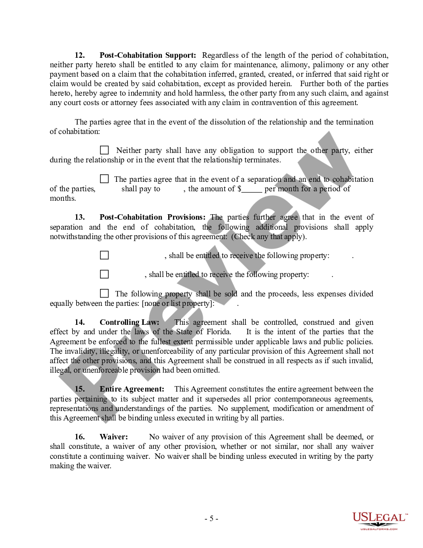 Florida Non-Marital Cohabitation Living Together Agreement ...