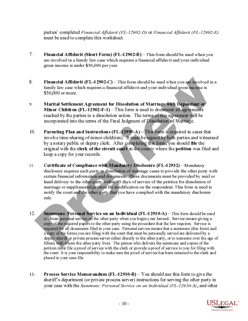 Preview Florida No-Fault Agreed Uncontested Divorce Package for Dissolution of Marriage for people with Minor Children