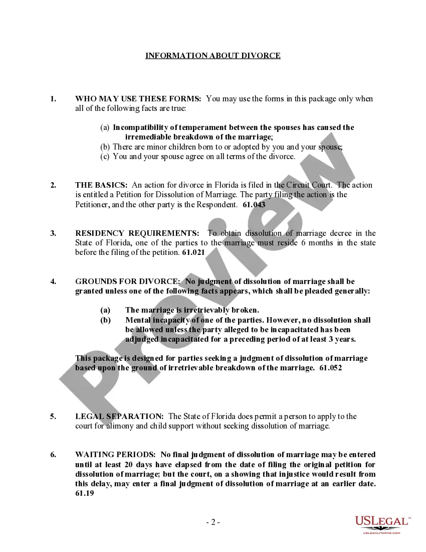 Preview Florida No-Fault Agreed Uncontested Divorce Package for Dissolution of Marriage for people with Minor Children