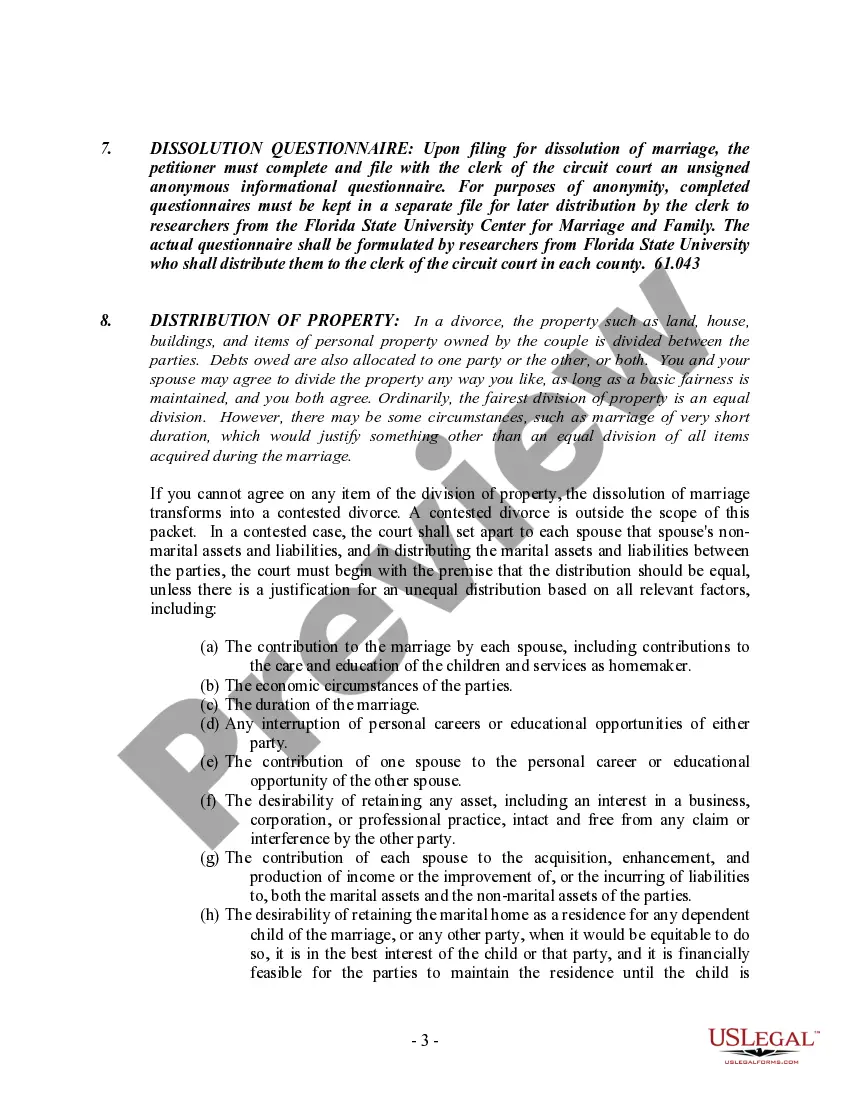 Preview Florida No-Fault Agreed Uncontested Divorce Package for Dissolution of Marriage for people with Minor Children