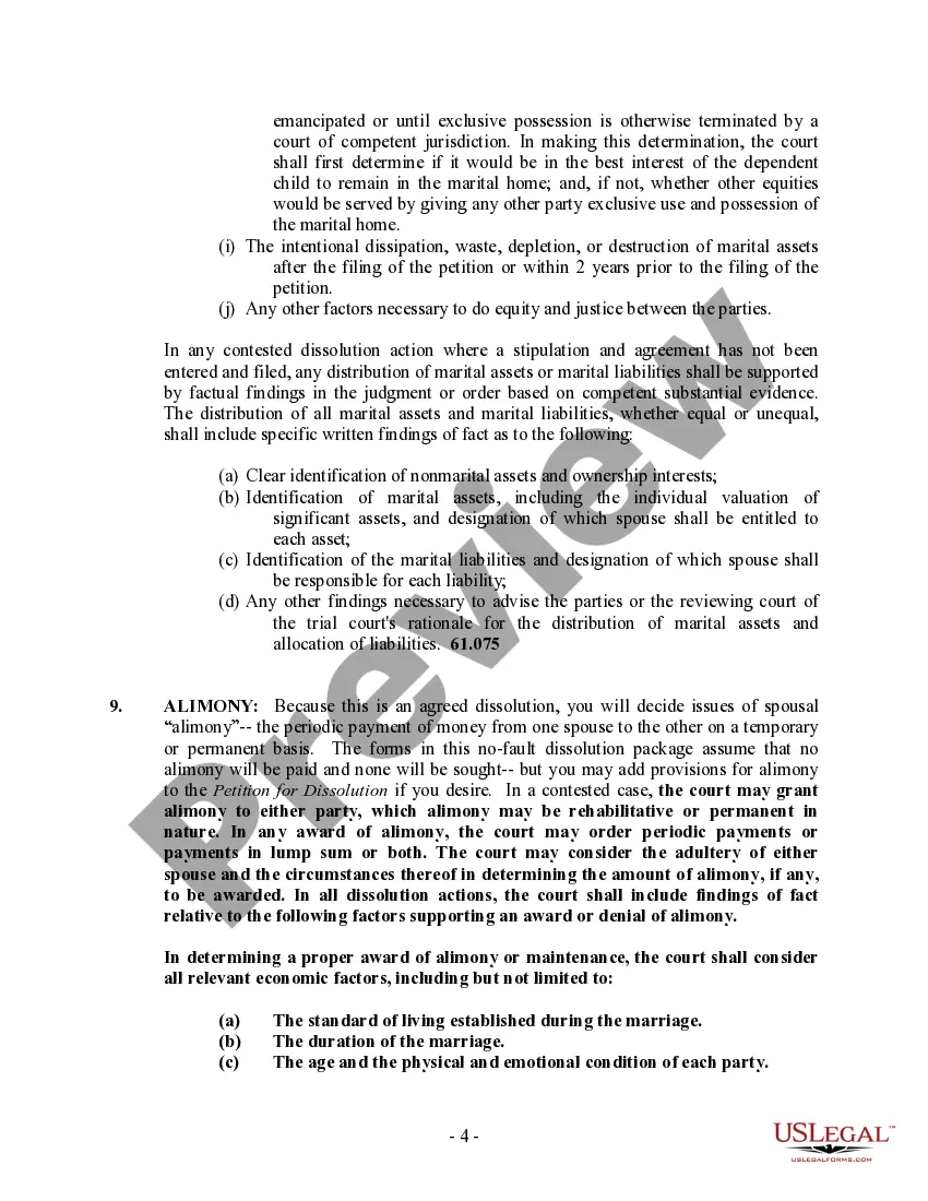 Preview Florida No-Fault Agreed Uncontested Divorce Package for Dissolution of Marriage for people with Minor Children