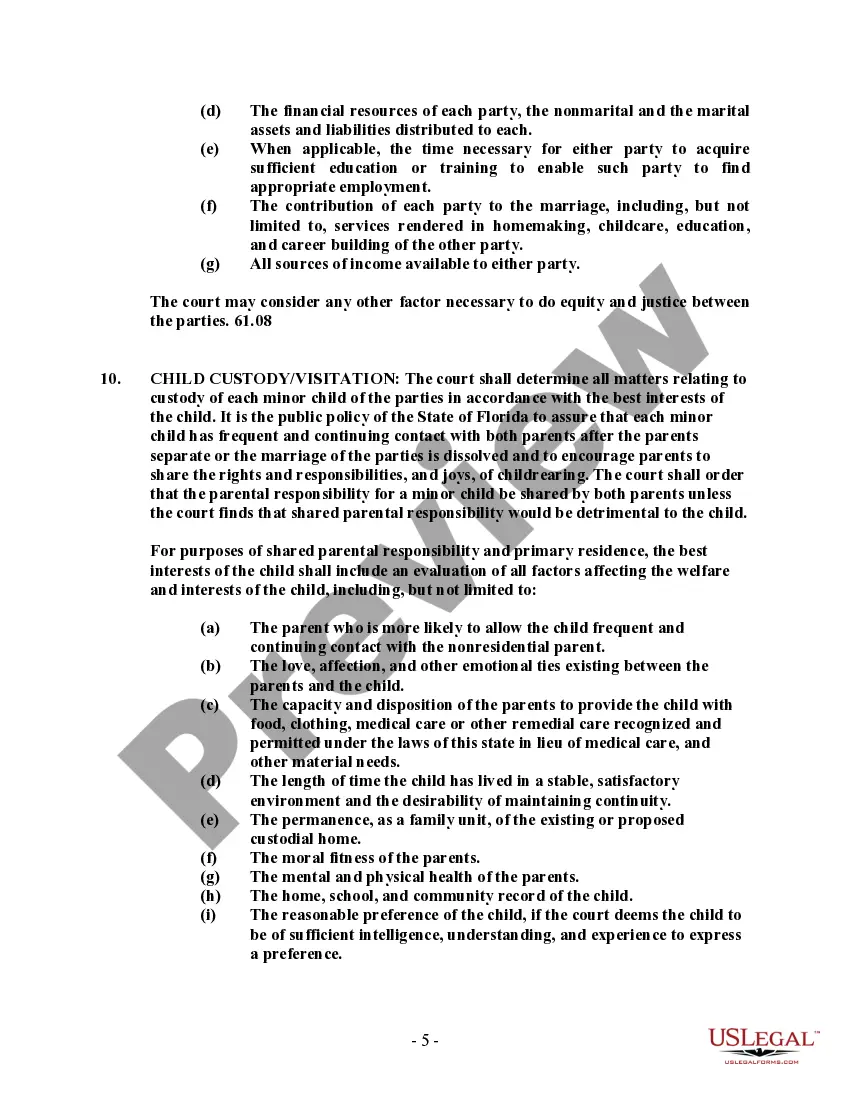 Preview Florida No-Fault Agreed Uncontested Divorce Package for Dissolution of Marriage for people with Minor Children