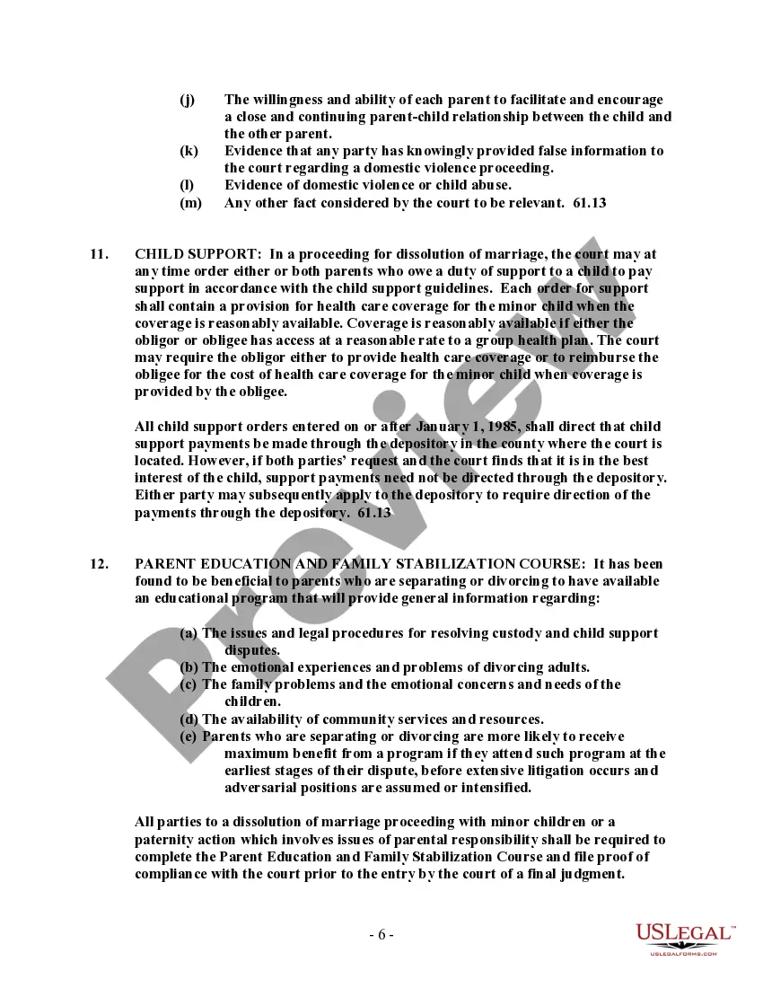 Preview Florida No-Fault Agreed Uncontested Divorce Package for Dissolution of Marriage for people with Minor Children