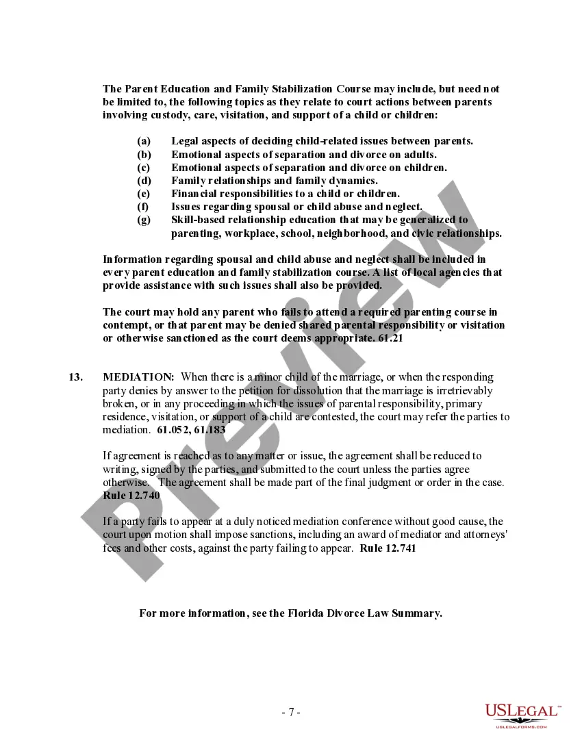 Preview Florida No-Fault Agreed Uncontested Divorce Package for Dissolution of Marriage for people with Minor Children