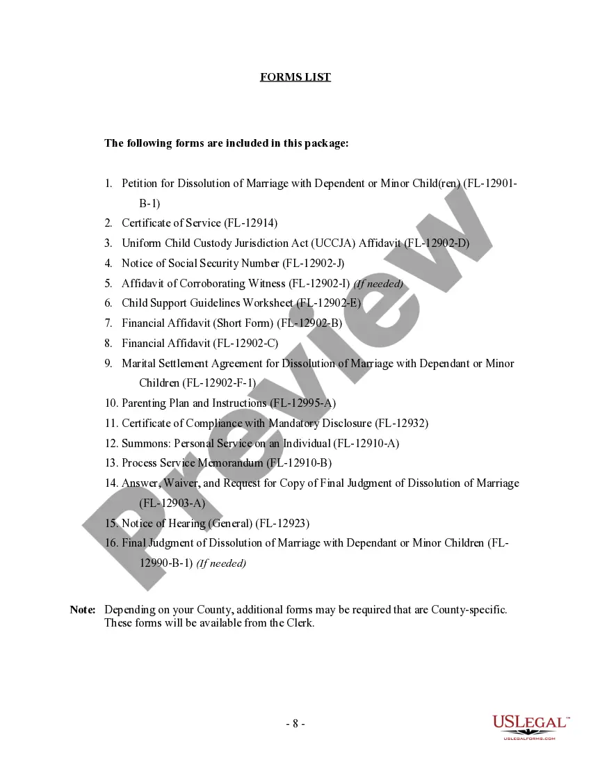 Preview Florida No-Fault Agreed Uncontested Divorce Package for Dissolution of Marriage for people with Minor Children
