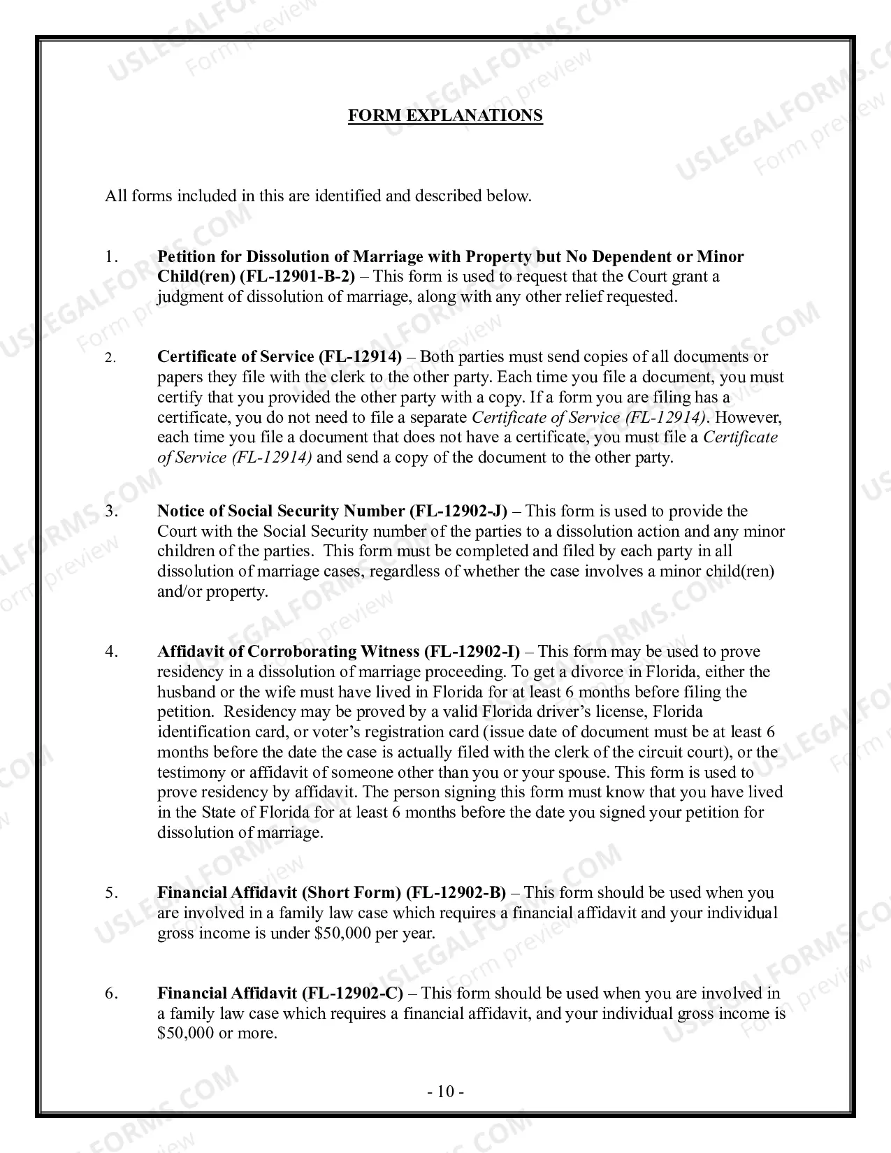 Preview Florida Divorce - Dissolution of Marriage Package with No Dependent Children or Minor Children - With Property