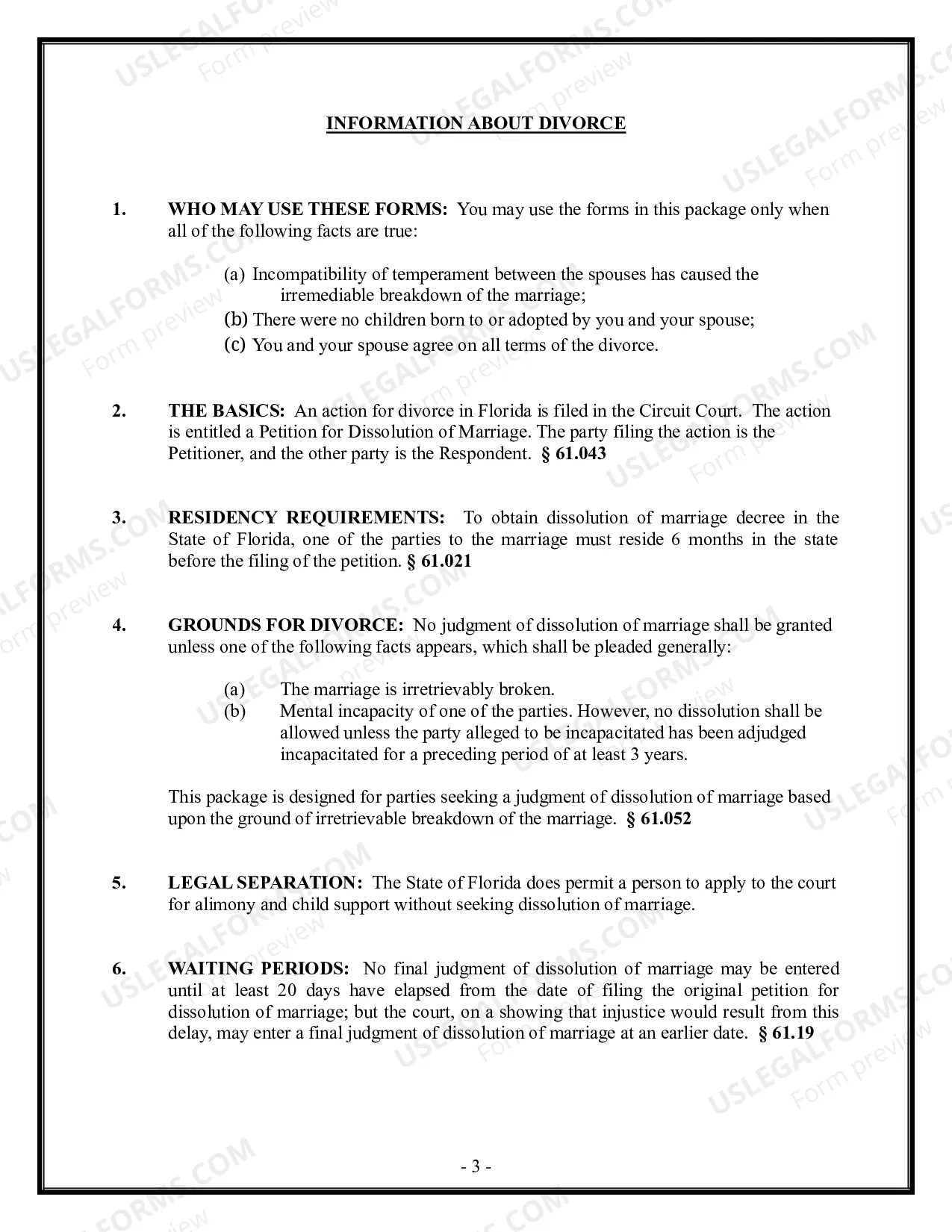 Preview Florida Divorce - Dissolution of Marriage Package with No Dependent Children or Minor Children - With Property