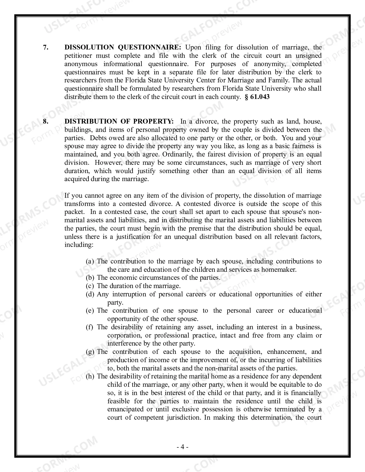 Preview Florida Divorce - Dissolution of Marriage Package with No Dependent Children or Minor Children - With Property