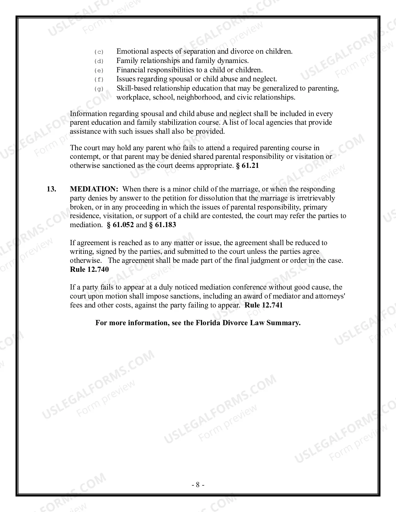 Preview Florida Divorce - Dissolution of Marriage Package with No Dependent Children or Minor Children - With Property
