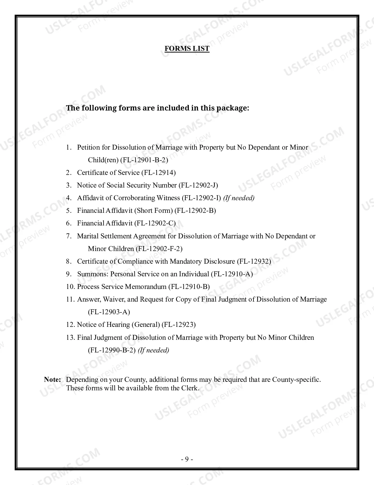 Preview Florida Divorce - Dissolution of Marriage Package with No Dependent Children or Minor Children - With Property