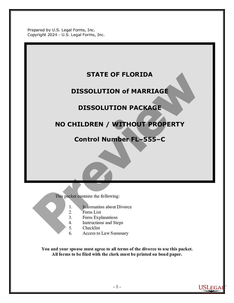 page 0 Divorce - Dissolution of Marriage Package with No Dependent Children or Minor Children - Without Property preview