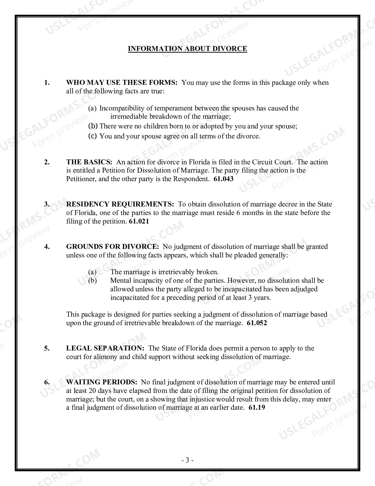 Preview Florida Divorce - Dissolution of Marriage Package with No Dependent Children or Minor Children - Without Property