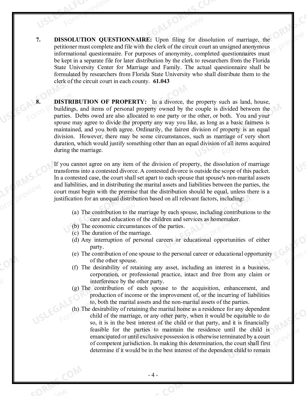 Preview Florida Divorce - Dissolution of Marriage Package with No Dependent Children or Minor Children - Without Property