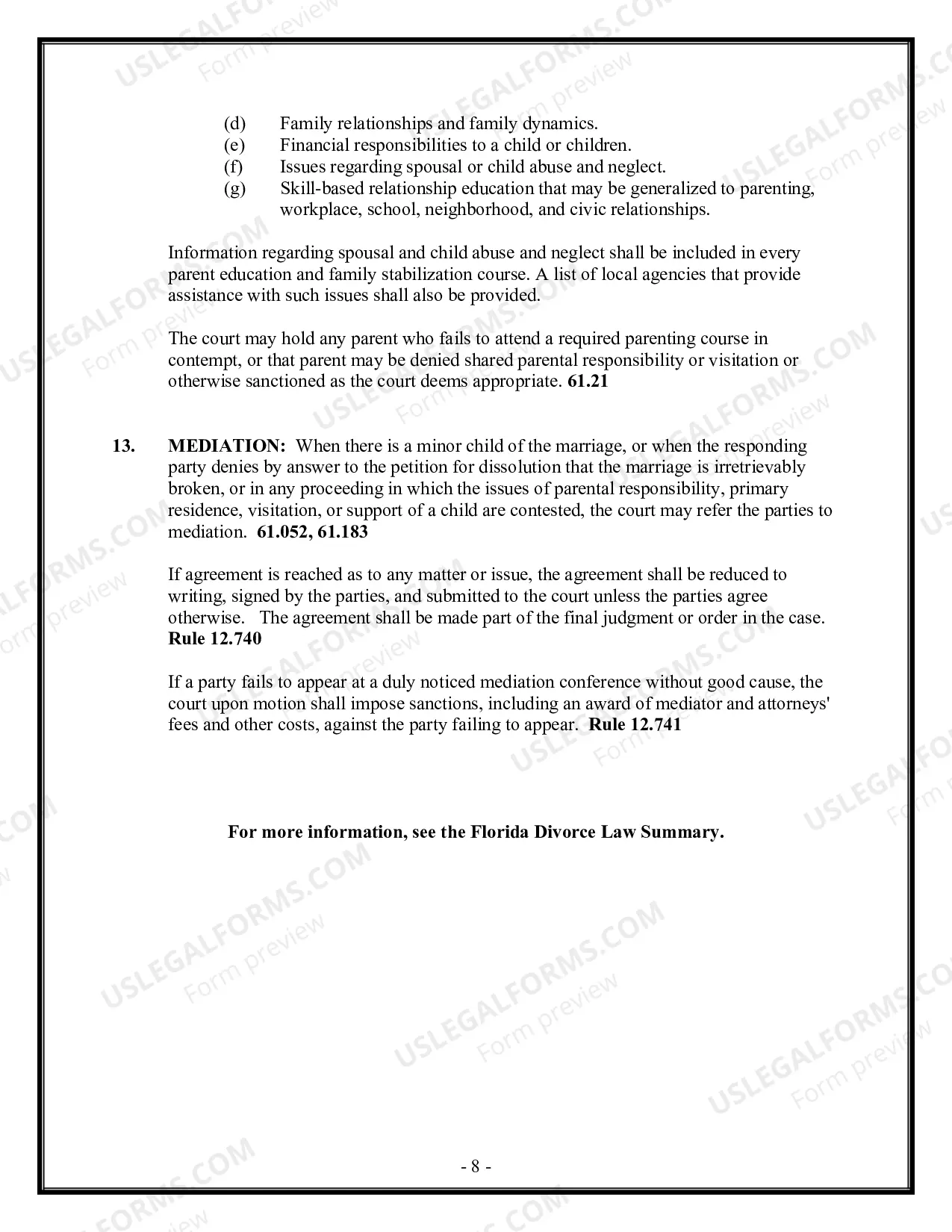 Preview Florida Divorce - Dissolution of Marriage Package with No Dependent Children or Minor Children - Without Property