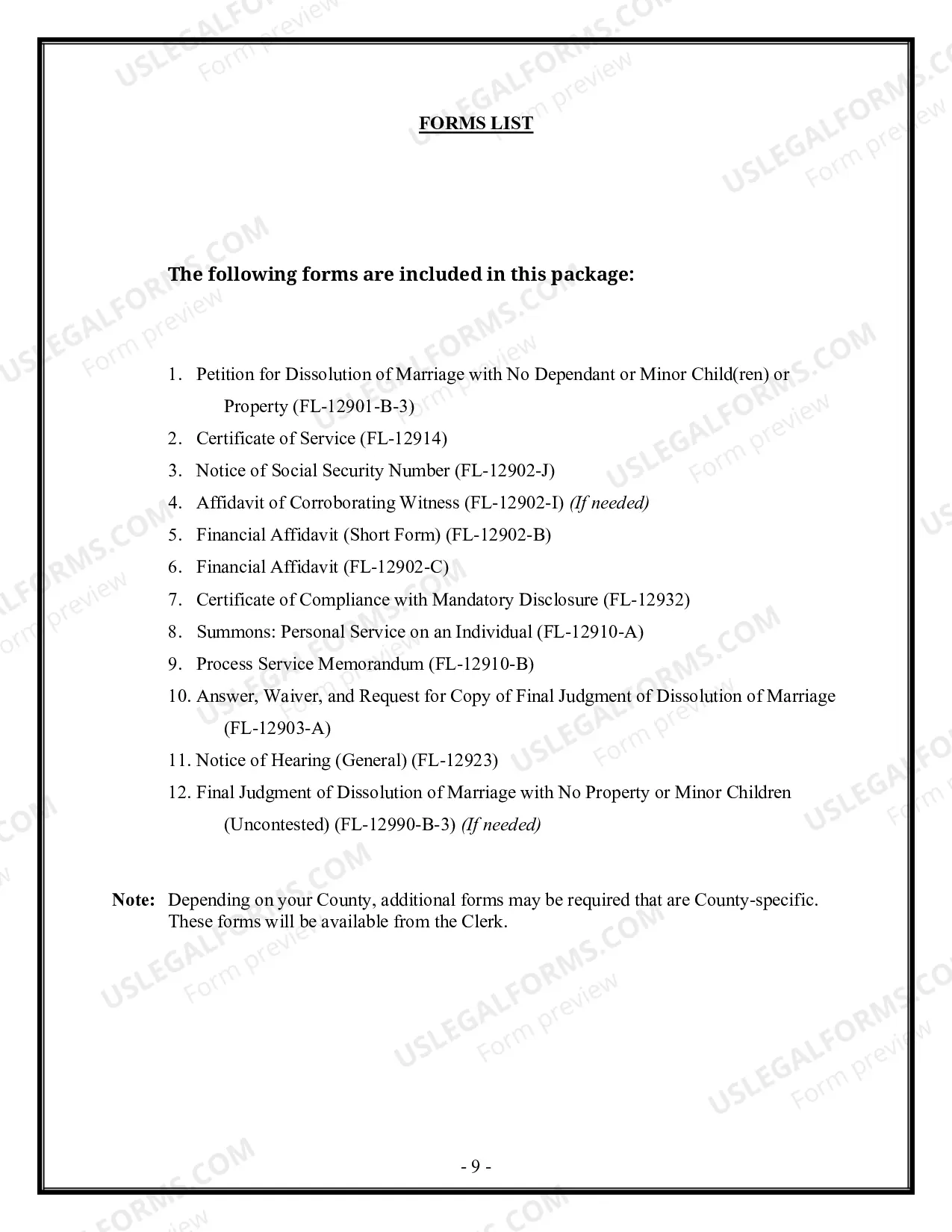 Preview Florida Divorce - Dissolution of Marriage Package with No Dependent Children or Minor Children - Without Property