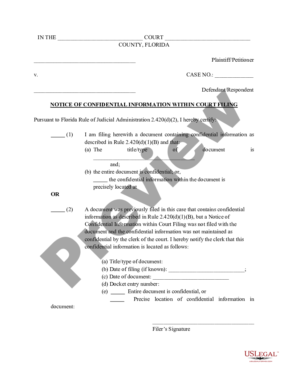 Florida Notice Of Confidential Information Within Filing Us Legal Forms 8601