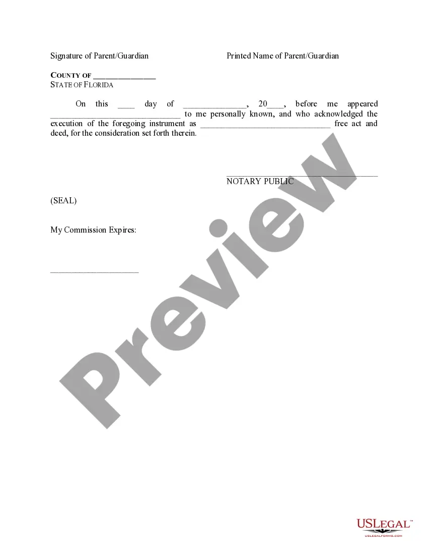 Preview Municipality of State of Florida Parent Release and Indemnity Agreement