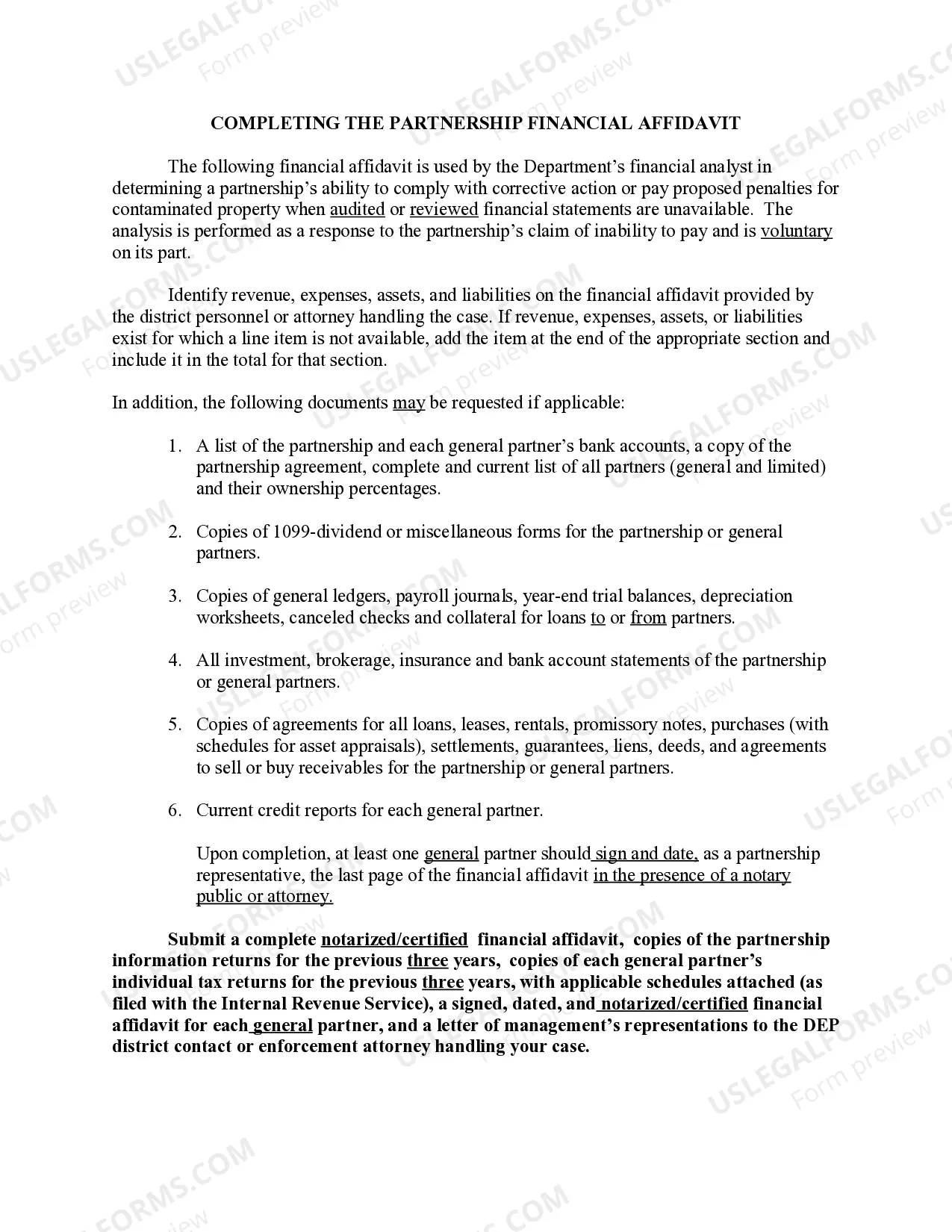 Preview Financial Affidavit for Partnership