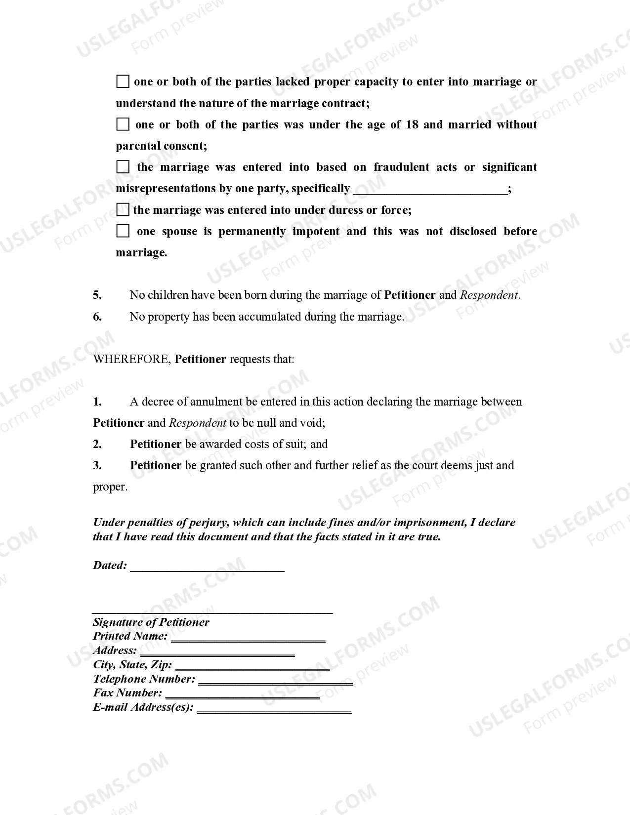 Preview Petition to Annul Marriage