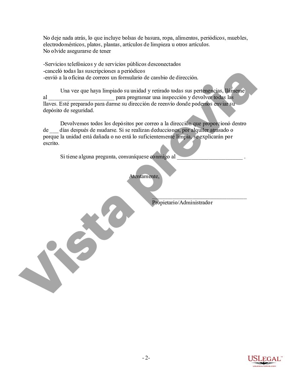 Florida Carta del propietario al inquilino con instrucciones sobre limpieza  y procedimientos para mudarse - Carta De Propietario A Inquilino | US Legal  Forms