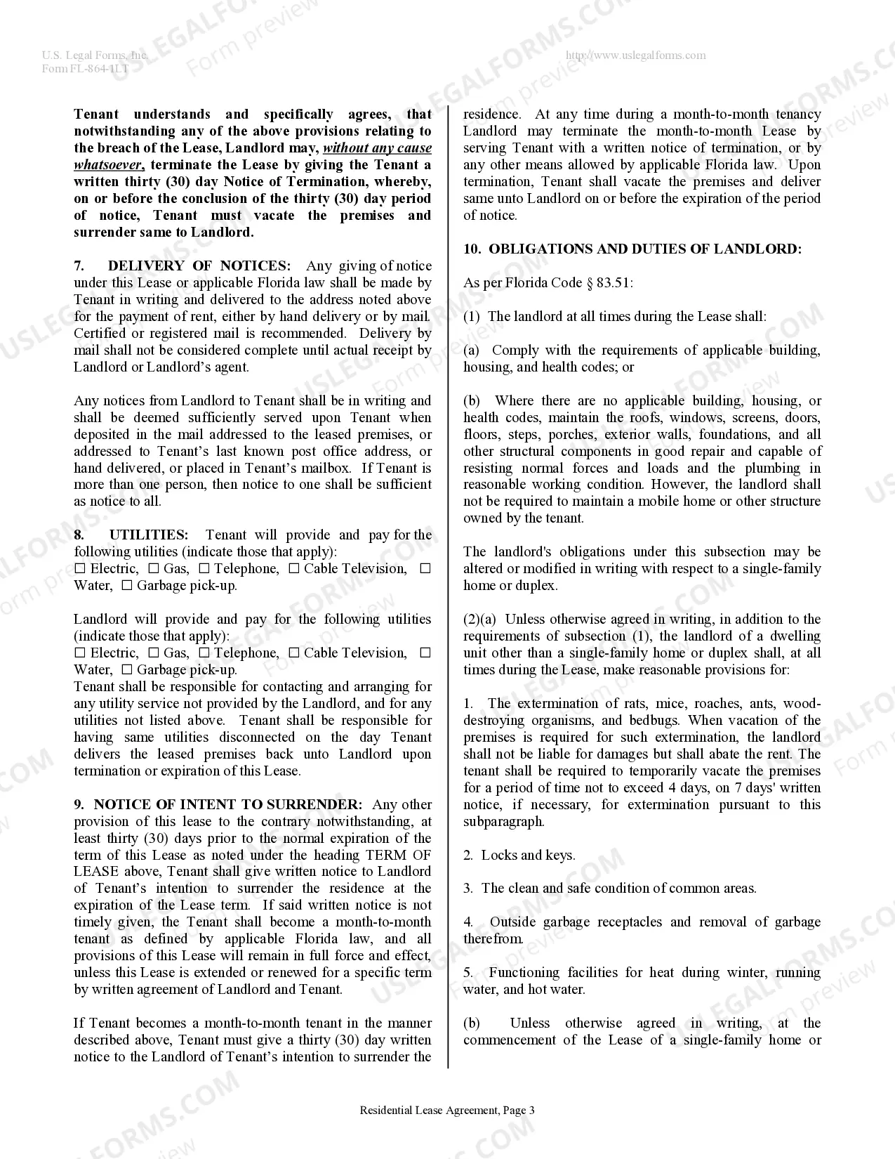 Preview Residential Lease or Rental Agreement for Month to Month