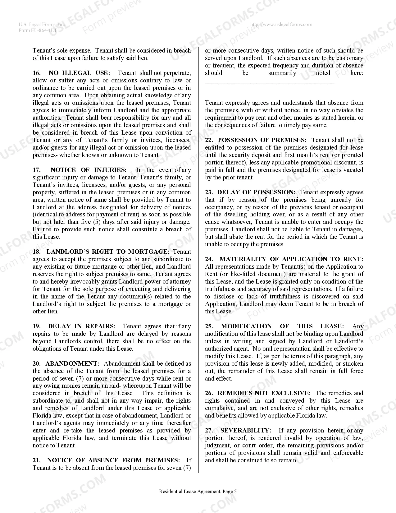 Preview Residential Lease or Rental Agreement for Month to Month