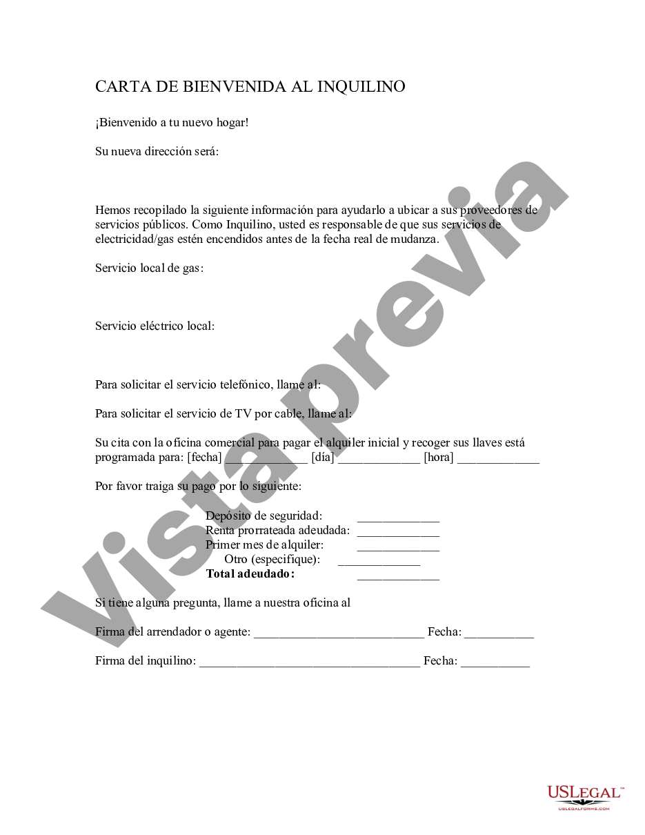 Florida Carta De Bienvenida Al Inquilino Carta De Bienvenida A Inquilinos Us Legal Forms 5465