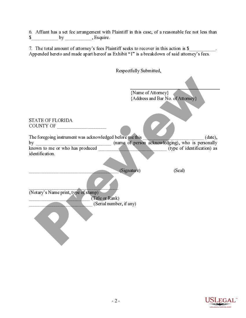 Florida Affidavit for Attorney's Fees Lawyer Fees For Affidavit US