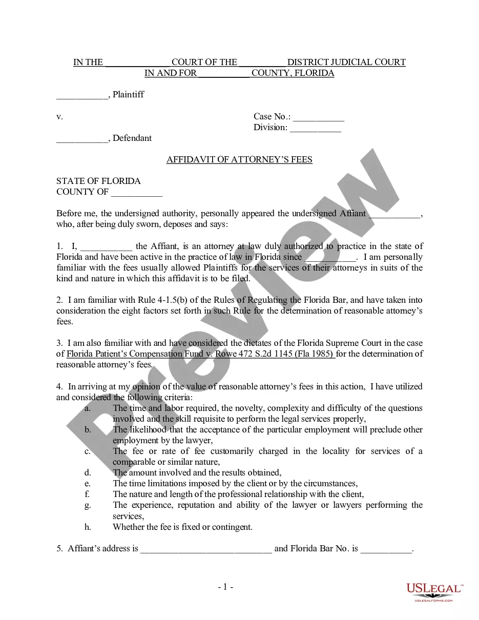 Florida Affidavit for Attorney #39 s Fees Lawyer Fees For Affidavit US