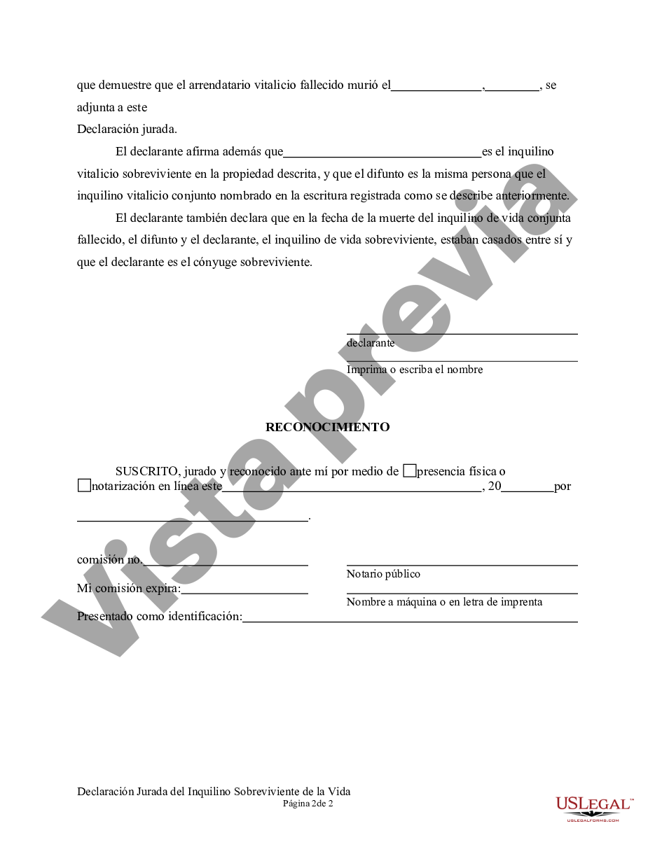 Jacksonville Florida Declaración Jurada Del Inquilino Sobreviviente De La Vida Declaración 6264