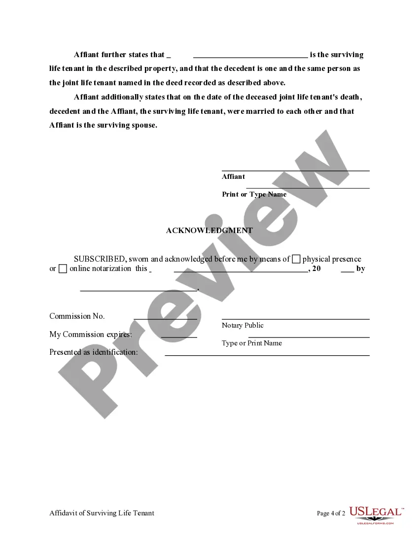 Get Affidavit of Surviving Life Tenant Preview Affidavit of Surviving Life Tenant