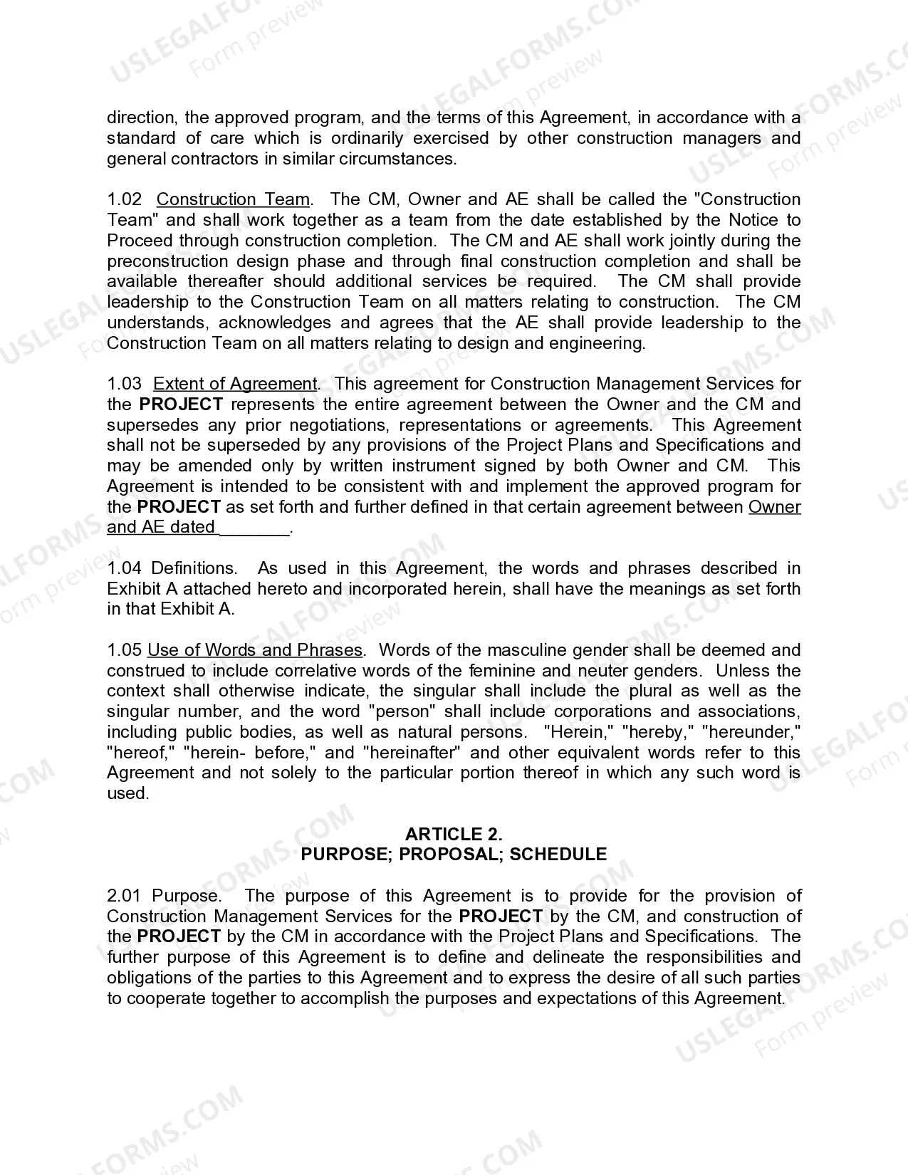 Preview Agreement Between Owner and Construction Manager