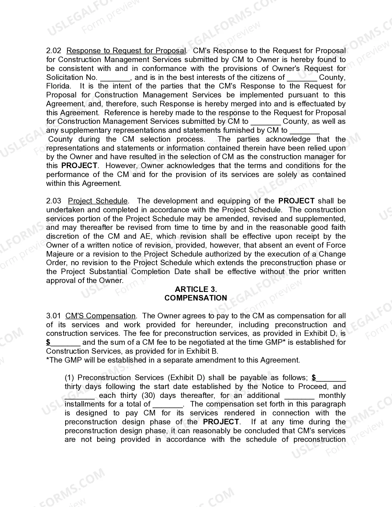 Preview Agreement Between Owner and Construction Manager