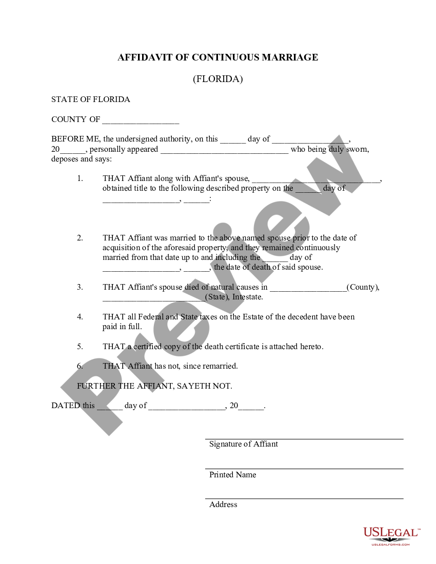 Affidavit Of Continuous Marriage Florida Withholding Tax Us Legal Forms 6866