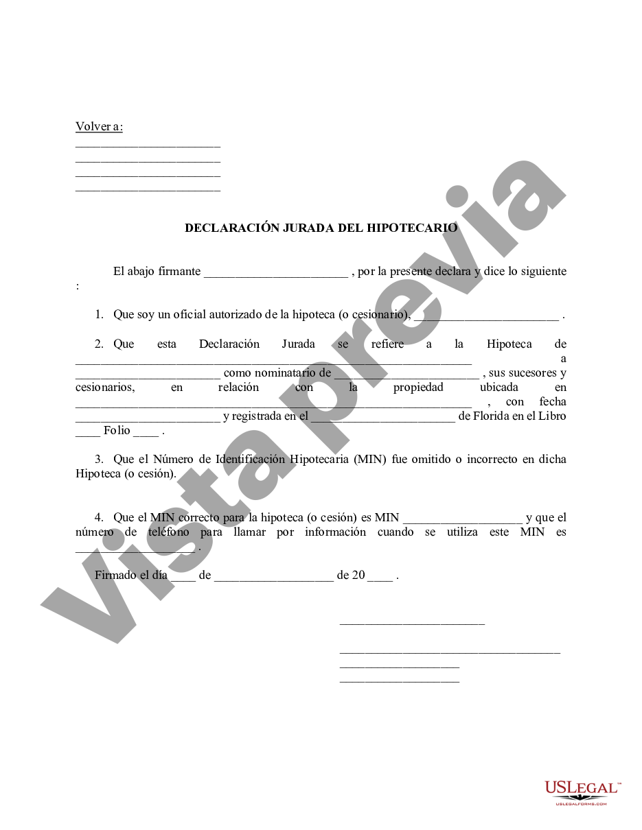 Miami Dade Florida Declaración Jurada Del Acreedor Hipotecario Us Legal Forms 2738