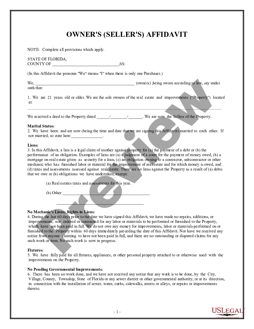 Florida Owners Or Sellers Affidavit Of No Liens How To Fill Out An Owners Affidavit Us 7452