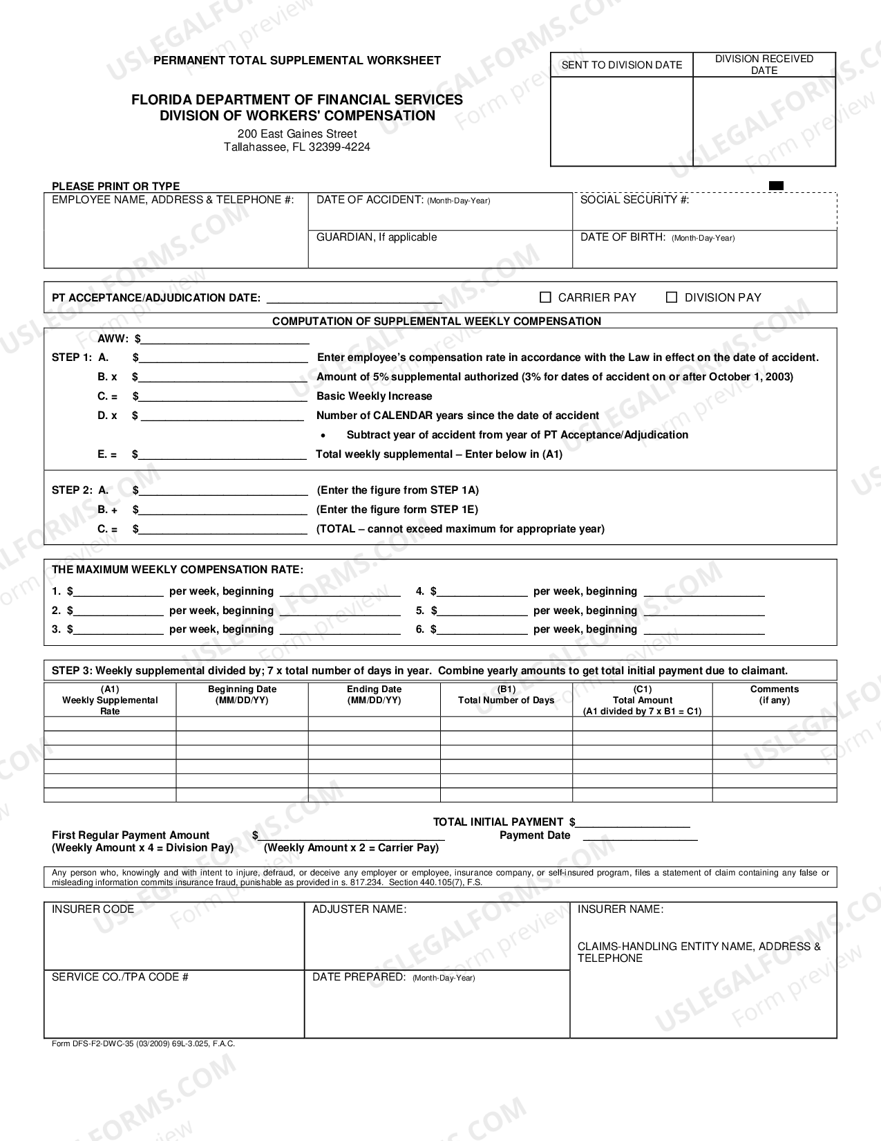 Florida Permanent Total Supplement Worksheet Insurance Adjuster