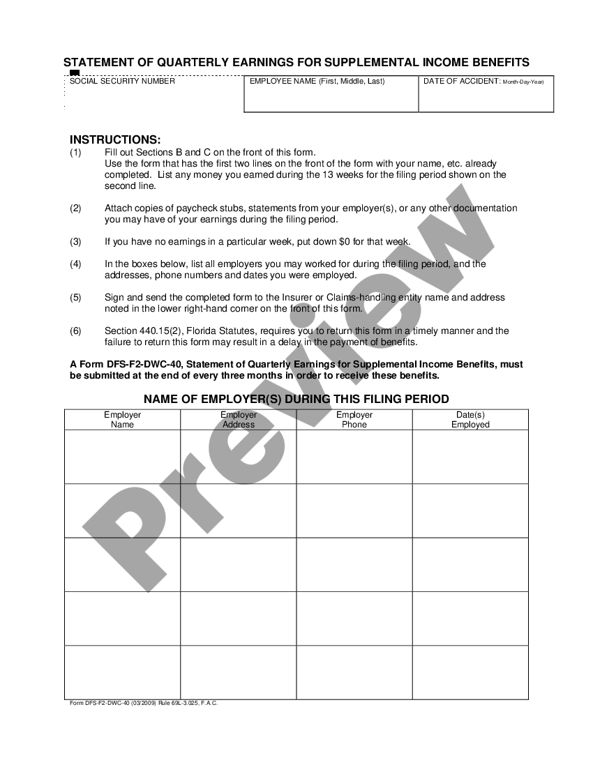 Florida Statement of Quarterly Earnings for Supplemental