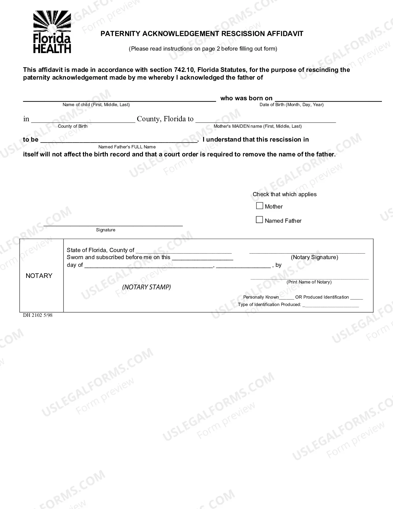 Preview Paternity Acknowledgment Rescission Affidavit