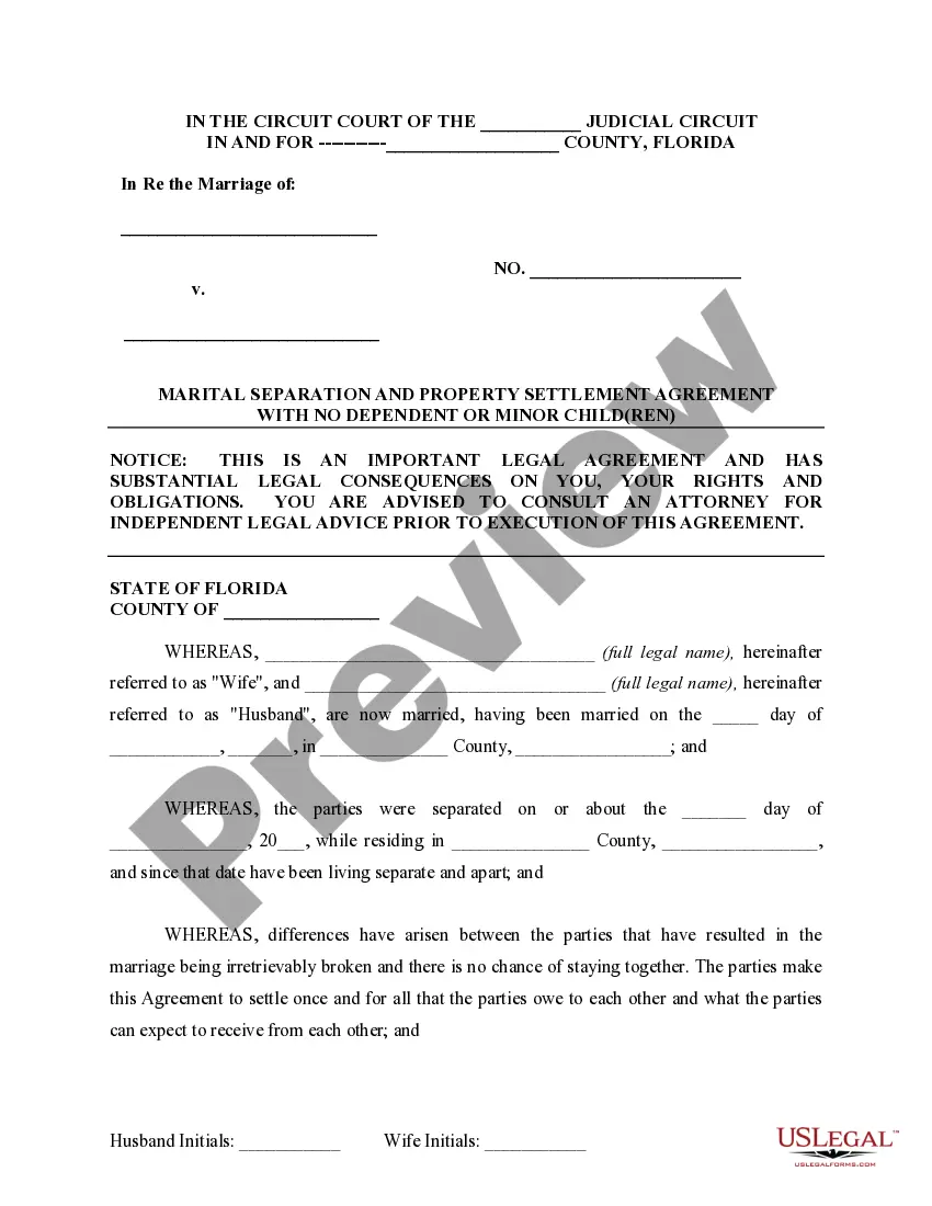 Preview Marital Legal Separation and Property Settlement Agreement for persons with No Children, No Joint Property or Debts where Divorce Action Filed