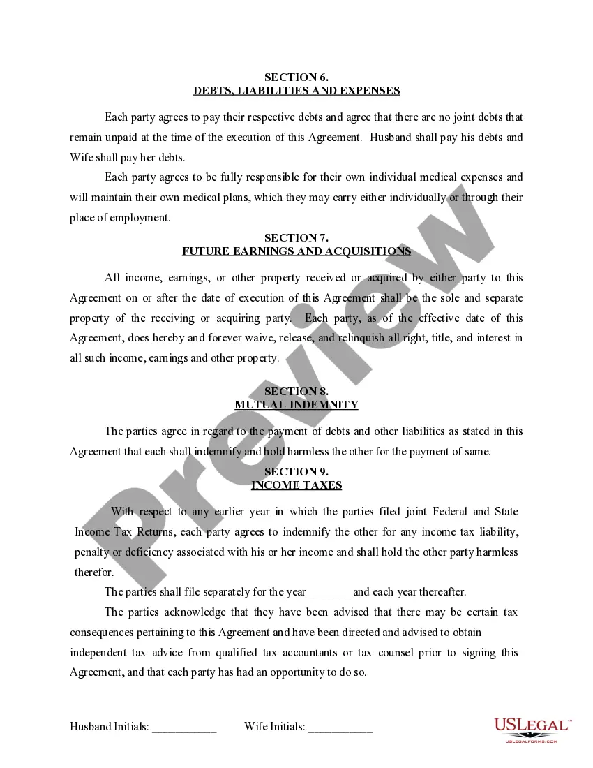 Preview Marital Legal Separation and Property Settlement Agreement for persons with No Children, No Joint Property or Debts where Divorce Action Filed