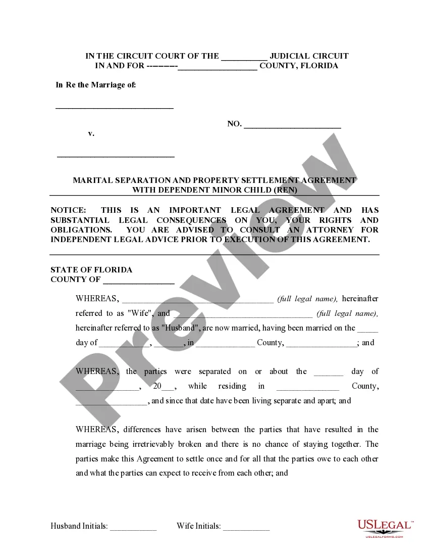 Preview Marital Legal Separation and Property Settlement Agreement Minor Children no Joint Property or Debts where Divorce Action Filed