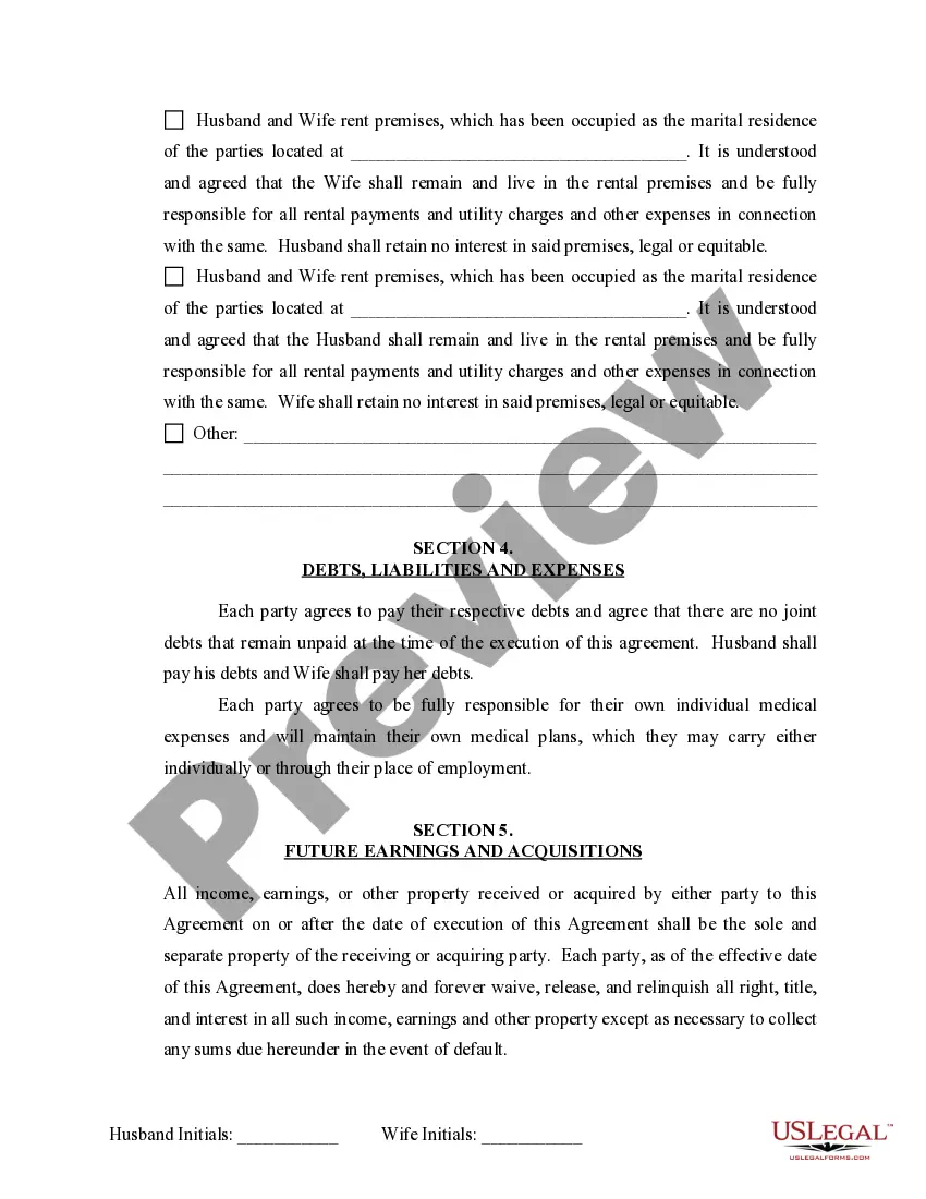 Preview Marital Legal Separation and Property Settlement Agreement Minor Children no Joint Property or Debts where Divorce Action Filed