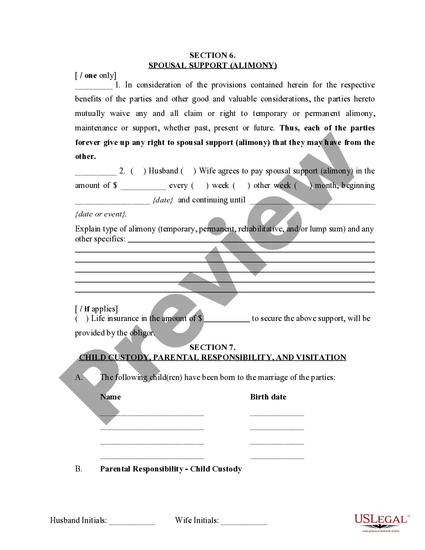 Preview Marital Legal Separation and Property Settlement Agreement Minor Children no Joint Property or Debts where Divorce Action Filed