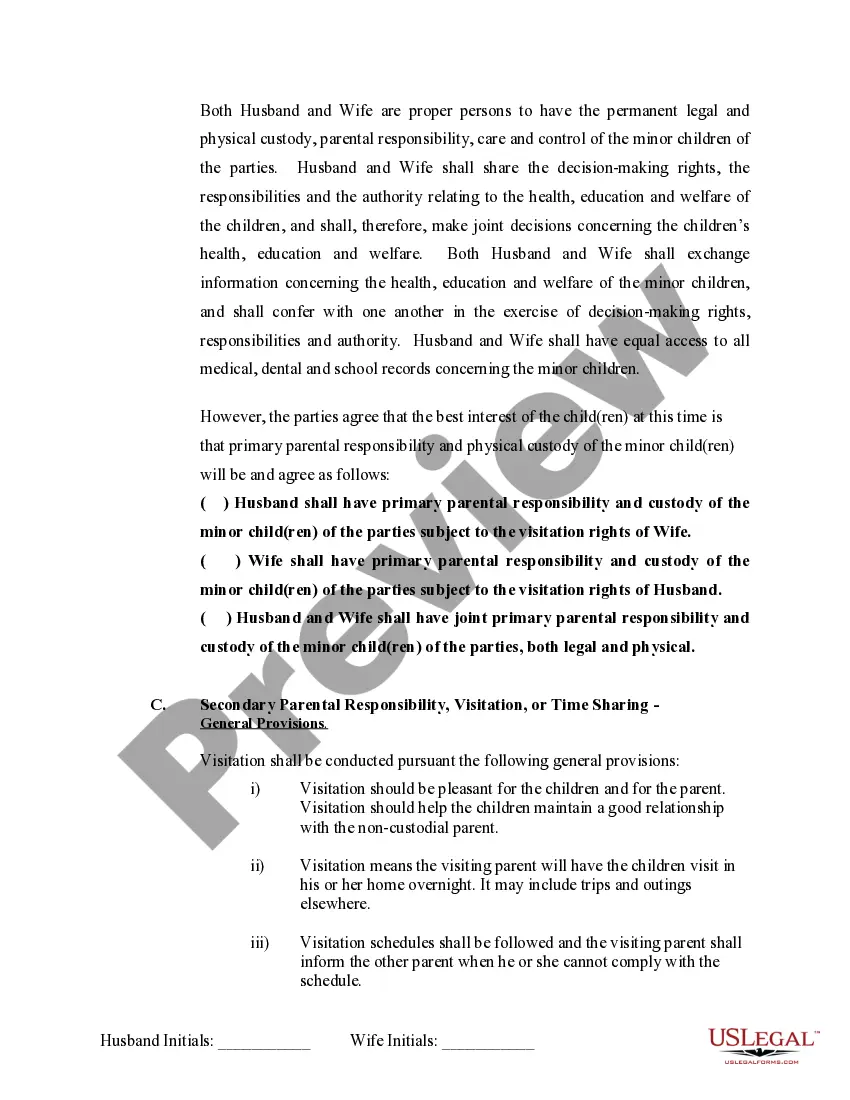 Preview Marital Legal Separation and Property Settlement Agreement Minor Children no Joint Property or Debts where Divorce Action Filed