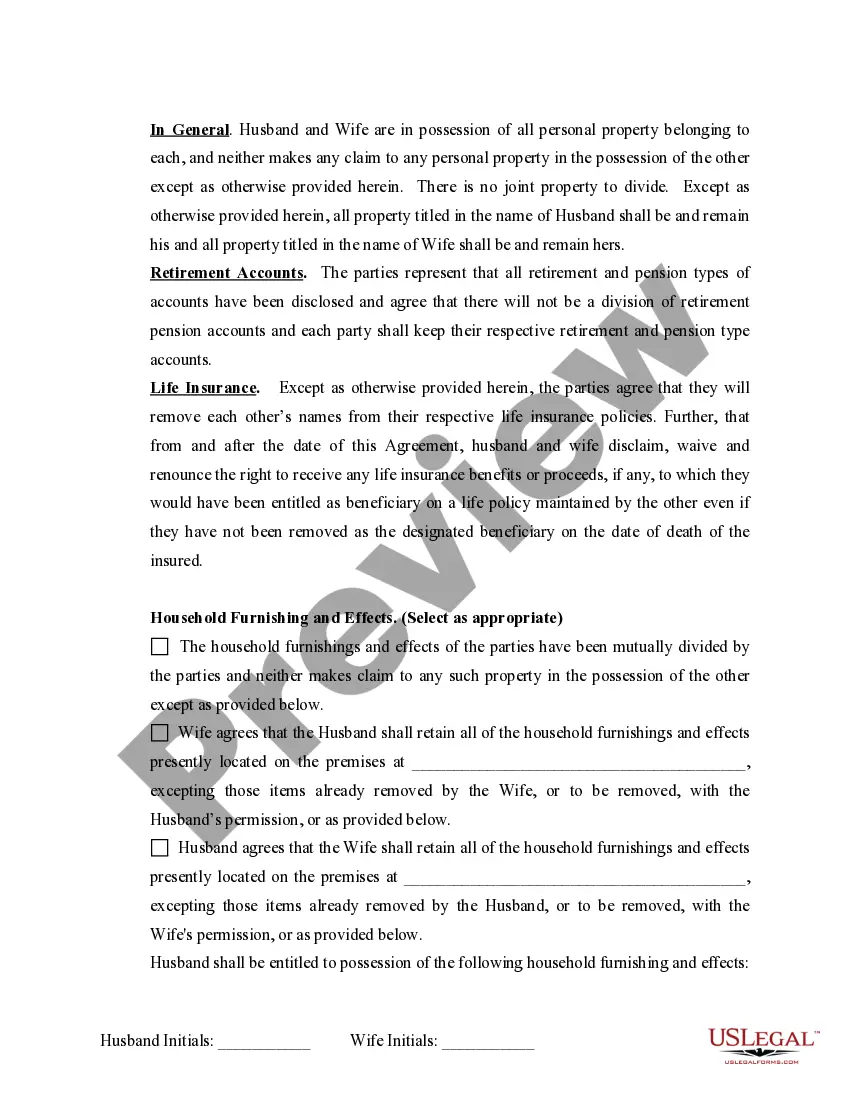 Preview Marital Legal Separation and Property Settlement Agreement Minor Children no Joint Property or Debts effective Immediately